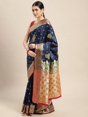 HOUSE OF BEGUM Women's Navy Blue Banarasi Katan Silk Saree With Blouse Piece 3