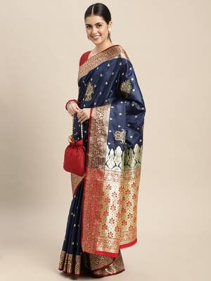 HOUSE OF BEGUM Women's Navy Blue Banarasi Katan Silk Saree With Blouse Piece 4