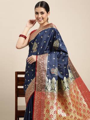 HOUSE OF BEGUM Women's Navy Blue Banarasi Katan Silk Saree With Blouse Piece 5