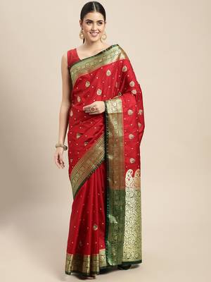 HOUSE OF BEGUM Women's Red Banarasi Katan Silk Saree With Blouse Piece 1