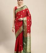 HOUSE OF BEGUM Women's Red Banarasi Katan Silk Saree With Blouse Piece