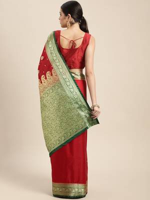 HOUSE OF BEGUM Women's Red Banarasi Katan Silk Saree With Blouse Piece 2