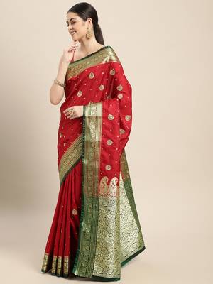 HOUSE OF BEGUM Women's Red Banarasi Katan Silk Saree With Blouse Piece 3