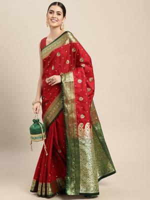 HOUSE OF BEGUM Women's Red Banarasi Katan Silk Saree With Blouse Piece 4