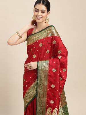 HOUSE OF BEGUM Women's Red Banarasi Katan Silk Saree With Blouse Piece 5