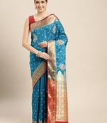 HOUSE OF BEGUM Women's Light Blue Banarasi Katan Silk Saree With Blouse Piece