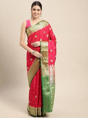 HOUSE OF BEGUM Women's Pink Banarasi Katan Silk Saree With Blouse Piece 1