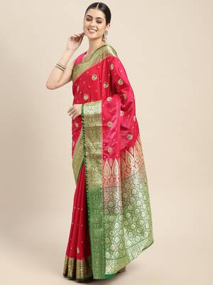 HOUSE OF BEGUM Women's Pink Banarasi Katan Silk Saree With Blouse Piece 3