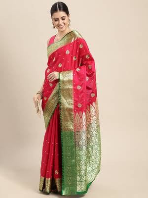 HOUSE OF BEGUM Women's Pink Banarasi Katan Silk Saree With Blouse Piece 4