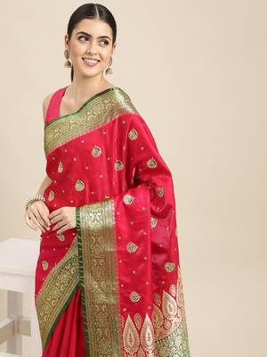 HOUSE OF BEGUM Women's Pink Banarasi Katan Silk Saree With Blouse Piece 5