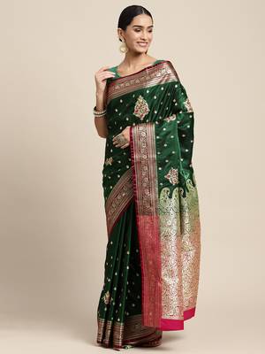 HOUSE OF BEGUM Women's Dark Green Banarasi Katan Silk Saree With Blouse Piece 1