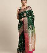 HOUSE OF BEGUM Women's Dark Green Banarasi Katan Silk Saree With Blouse Piece
