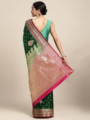 HOUSE OF BEGUM Women's Dark Green Banarasi Katan Silk Saree With Blouse Piece 2