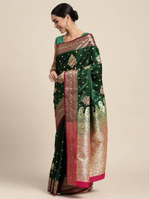 HOUSE OF BEGUM Women's Dark Green Banarasi Katan Silk Saree With Blouse Piece 3