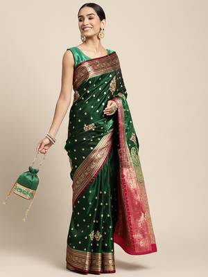 HOUSE OF BEGUM Women's Dark Green Banarasi Katan Silk Saree With Blouse Piece 4