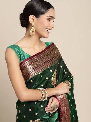 HOUSE OF BEGUM Women's Dark Green Banarasi Katan Silk Saree With Blouse Piece 5