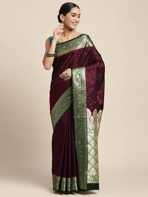 HOUSE OF BEGUM Women's Wine Banarasi Katan Silk Saree With Blouse Piece 1