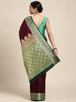 HOUSE OF BEGUM Women's Wine Banarasi Katan Silk Saree With Blouse Piece 2
