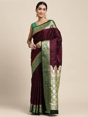 HOUSE OF BEGUM Women's Wine Banarasi Katan Silk Saree With Blouse Piece 3