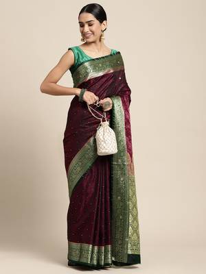 HOUSE OF BEGUM Women's Wine Banarasi Katan Silk Saree With Blouse Piece 4