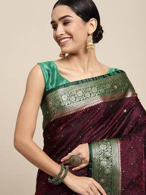HOUSE OF BEGUM Women's Wine Banarasi Katan Silk Saree With Blouse Piece 5
