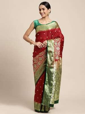 HOUSE OF BEGUM Women's Maroon Banarasi Katan Silk Saree With Blouse Piece 1