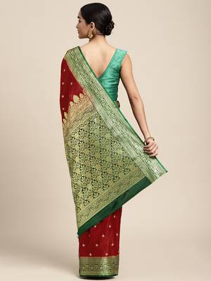 HOUSE OF BEGUM Women's Maroon Banarasi Katan Silk Saree With Blouse Piece 2
