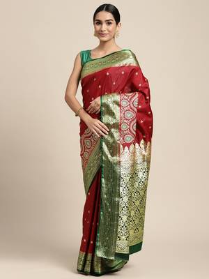 HOUSE OF BEGUM Women's Maroon Banarasi Katan Silk Saree With Blouse Piece 3