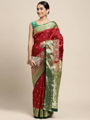 HOUSE OF BEGUM Women's Maroon Banarasi Katan Silk Saree With Blouse Piece 4