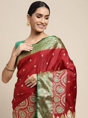 HOUSE OF BEGUM Women's Maroon Banarasi Katan Silk Saree With Blouse Piece 5