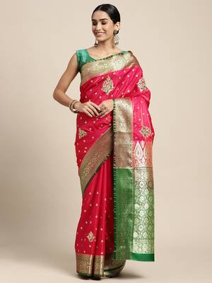 HOUSE OF BEGUM Women's Pink Banarasi Katan Silk Saree With Blouse Piece 1