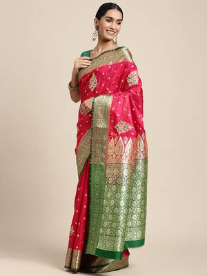 HOUSE OF BEGUM Women's Pink Banarasi Katan Silk Saree With Blouse Piece 3
