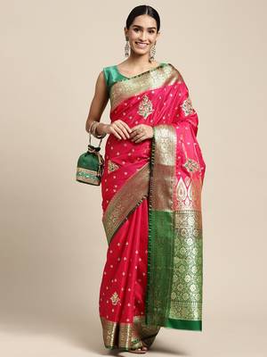 HOUSE OF BEGUM Women's Pink Banarasi Katan Silk Saree With Blouse Piece 4