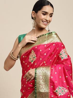 HOUSE OF BEGUM Women's Pink Banarasi Katan Silk Saree With Blouse Piece 5