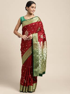 HOUSE OF BEGUM Women's Maroon Banarasi Katan Silk Saree With Blouse Piece 1