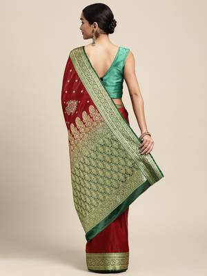 HOUSE OF BEGUM Women's Maroon Banarasi Katan Silk Saree With Blouse Piece 2
