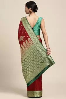 HOUSE OF BEGUM Women's Maroon Banarasi Katan Silk Saree With Blouse Piece
