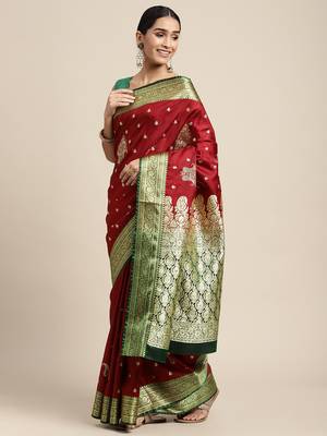 HOUSE OF BEGUM Women's Maroon Banarasi Katan Silk Saree With Blouse Piece 3