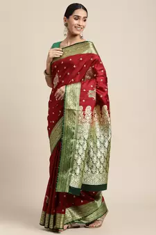 HOUSE OF BEGUM Women's Maroon Banarasi Katan Silk Saree With Blouse Piece