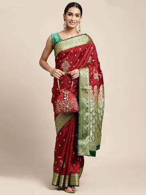 HOUSE OF BEGUM Women's Maroon Banarasi Katan Silk Saree With Blouse Piece 4