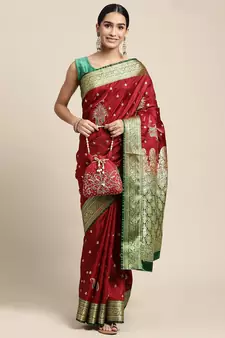 HOUSE OF BEGUM Women's Maroon Banarasi Katan Silk Saree With Blouse Piece