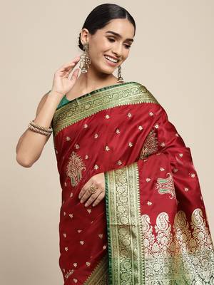 HOUSE OF BEGUM Women's Maroon Banarasi Katan Silk Saree With Blouse Piece 5