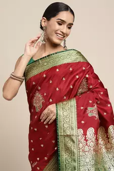 HOUSE OF BEGUM Women's Maroon Banarasi Katan Silk Saree With Blouse Piece