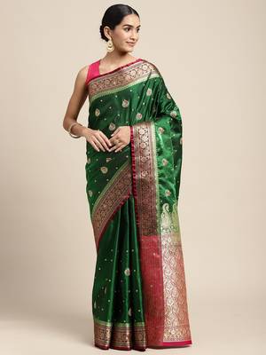 HOUSE OF BEGUM Women's Dark Green Banarasi Katan Silk Saree With Blouse Piece 1