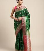 HOUSE OF BEGUM Women's Dark Green Banarasi Katan Silk Saree With Blouse Piece