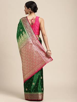 HOUSE OF BEGUM Women's Dark Green Banarasi Katan Silk Saree With Blouse Piece 2