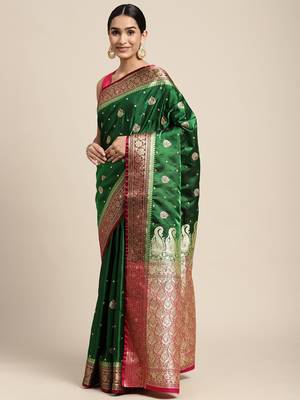 HOUSE OF BEGUM Women's Dark Green Banarasi Katan Silk Saree With Blouse Piece 3