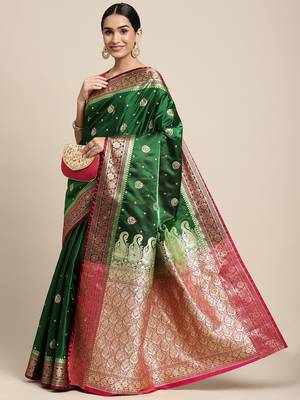 HOUSE OF BEGUM Women's Dark Green Banarasi Katan Silk Saree With Blouse Piece 4