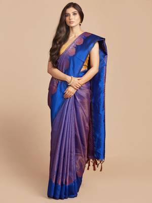 HOUSE OF BEGUM Women's Blue Kubera Pattu Silk Saree With Blouse Piece 1