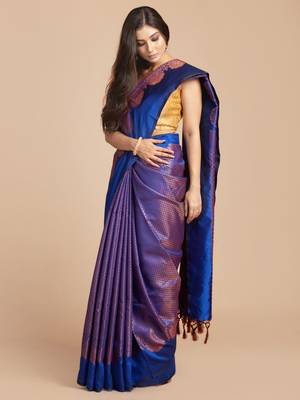 HOUSE OF BEGUM Women's Blue Kubera Pattu Silk Saree With Blouse Piece 3